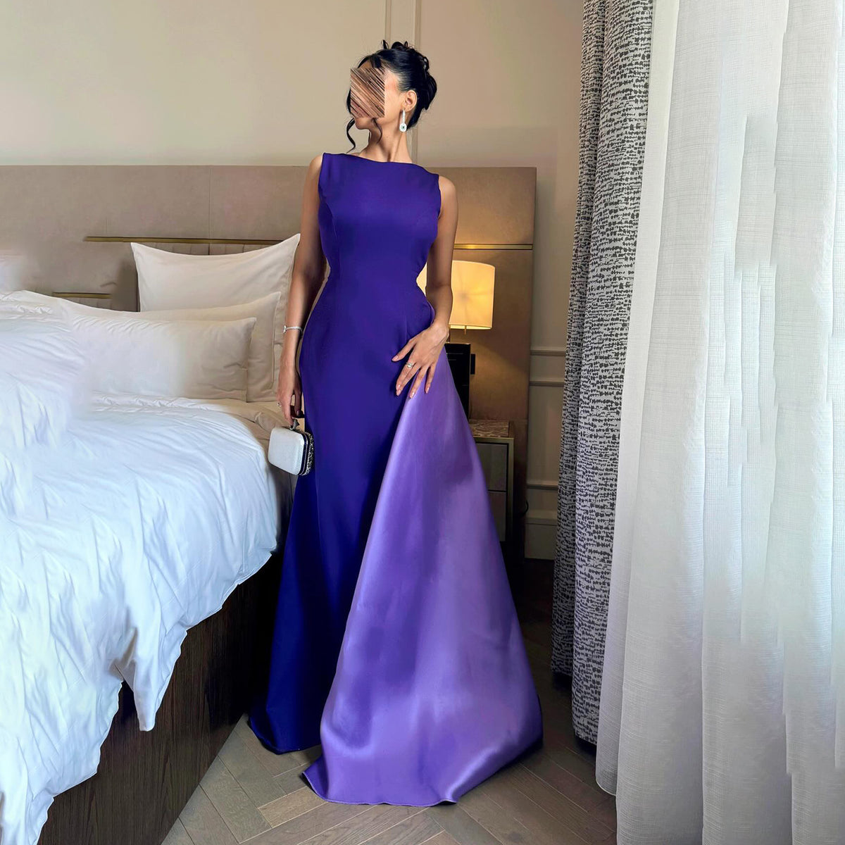Elegant Purple Satin Evening Dress with Overskirt SF419