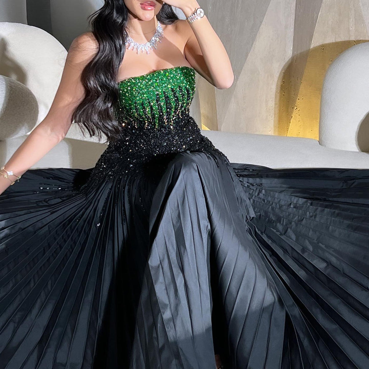 Luxury Beaded Black Strapless Midi Evening Dress SS224