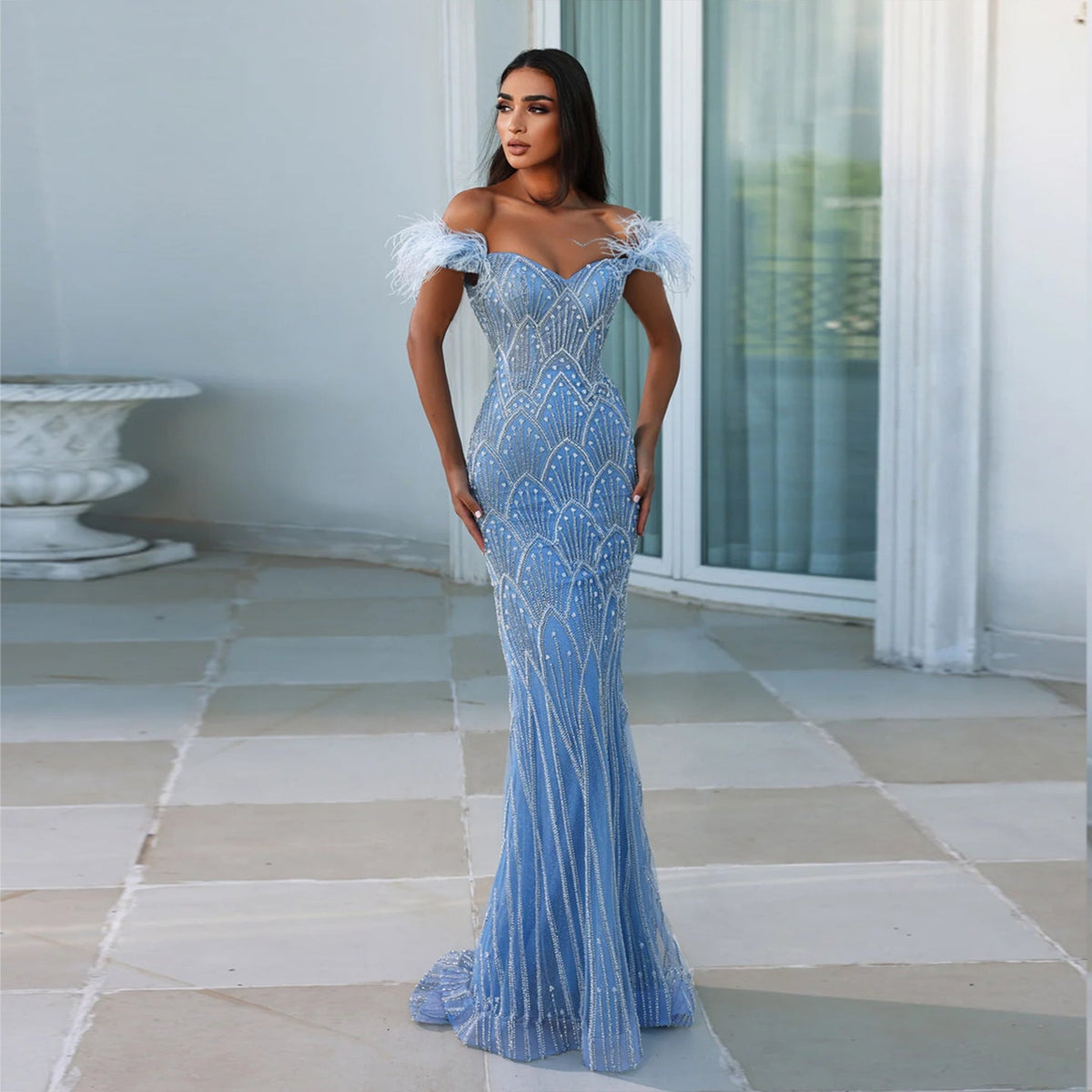 Luxury Beaded Blue Mermaid Feathers Evening Dress SS179