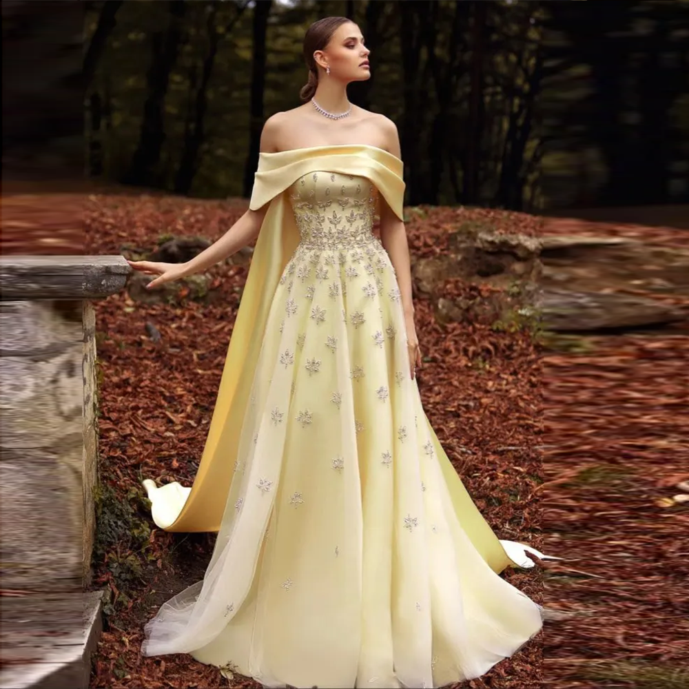 Elegant Beaded Yellow Satin Evening Dress with Cape SS455