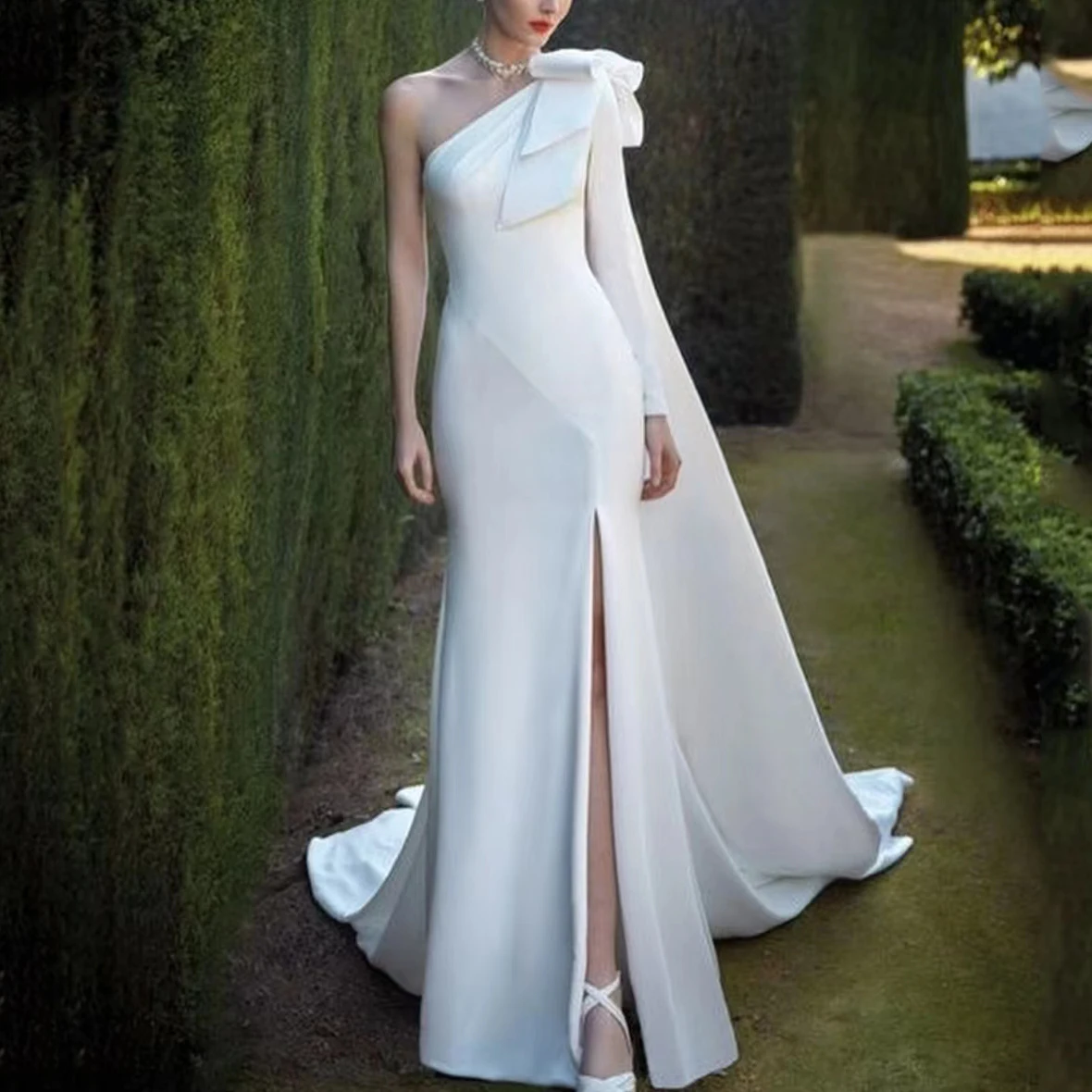 Elegant White One Shoulder Evening Dress with Bow Cape Sleeve SF442