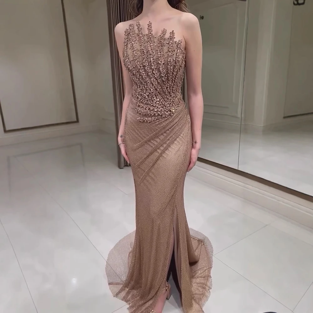 Luxury Crystal Champagne Mermaid Evening Dress with Slit SS528