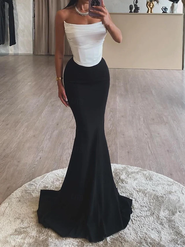 Elegant Strapless Black&White Mermaid Evening Dress SF576