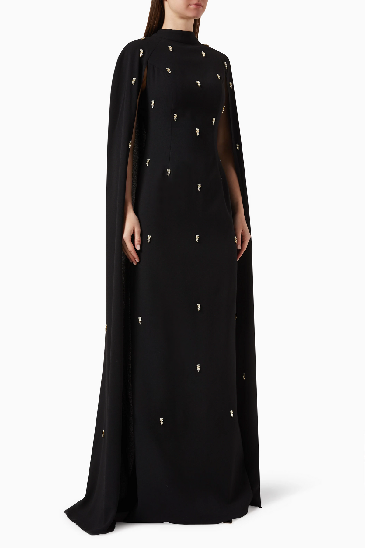 Elegant Crystal Black Evening Dress with Cape SF182
