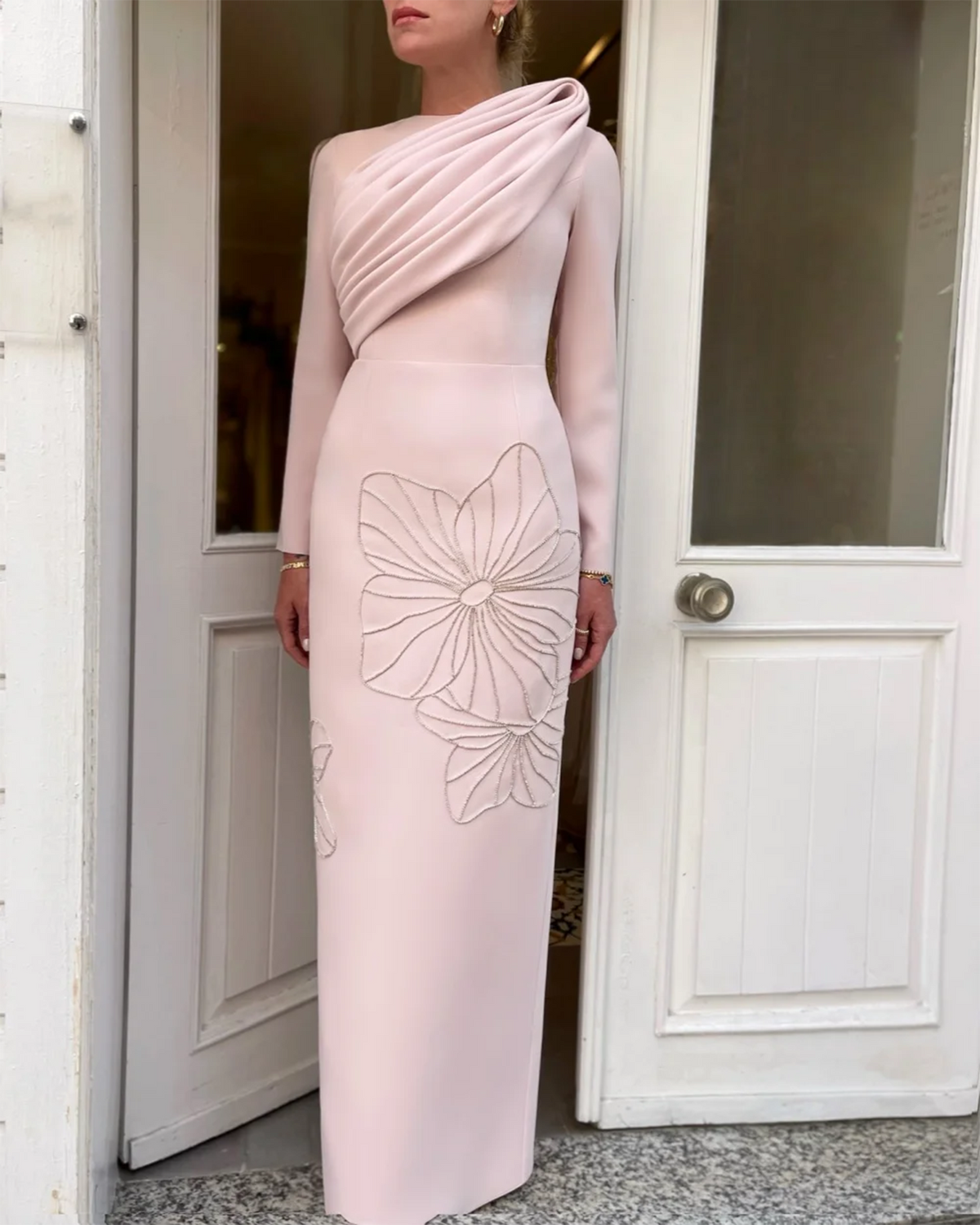 Elegant Pink Long Sleeves Pleated Satin Evening Dress SF186