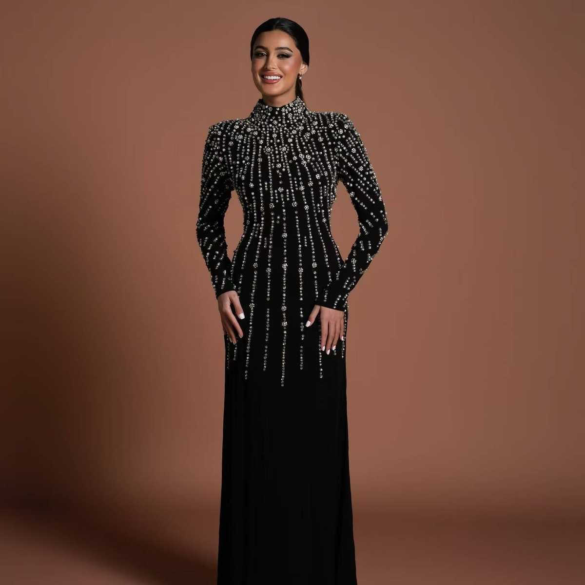 Elegant Crystal Black Pearls Long Sleeves Evening Dress SS213