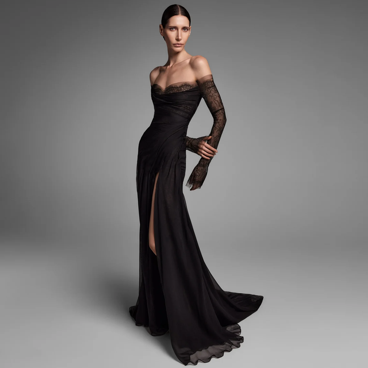 black long sleeve homecoming dress Elegant Black Off-the-Shoulder Lace Sleeve Homecoming Dress with High – Sharon Said