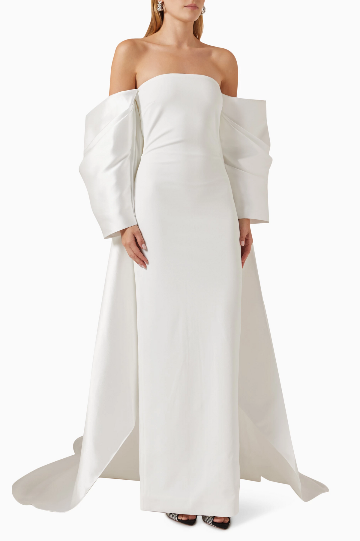 Classic White Strapless Satin Evening Dress with Cape SF399