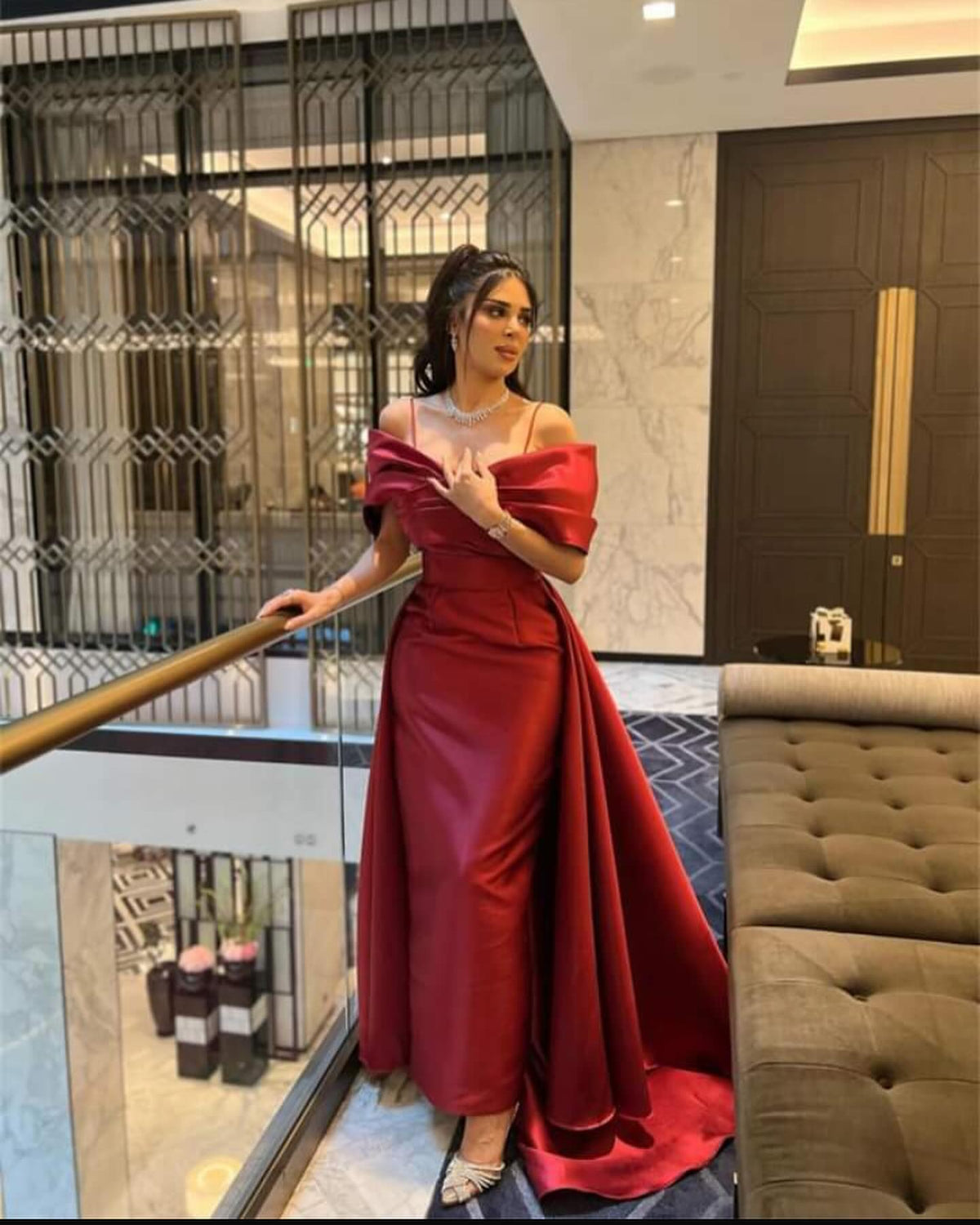 Elegant Burgundy Off Shoulder Evening Dress with Overskirt SF275