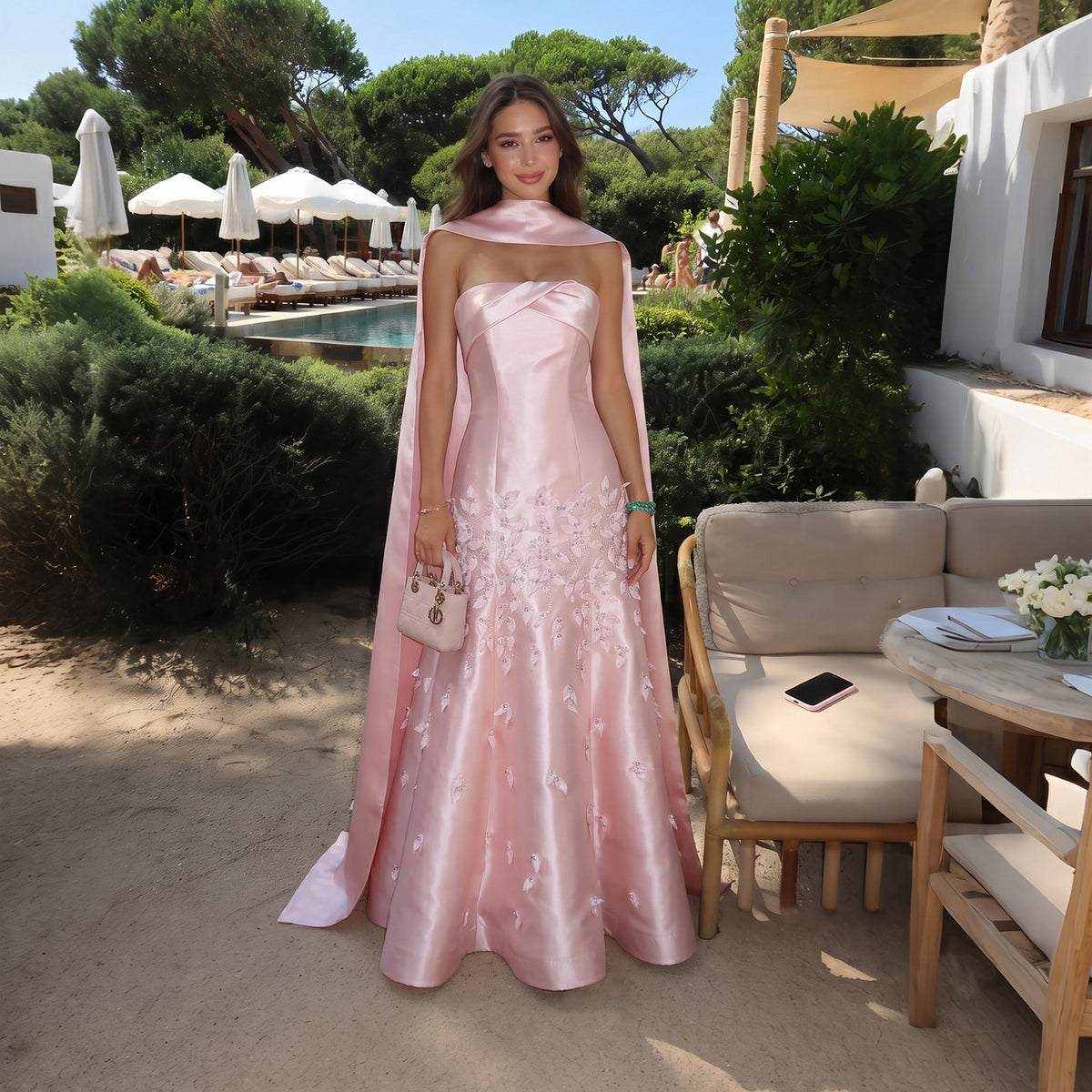 Luxury 3D Leaves Blush Pink Mermaid Evening Dress with Cape SS463