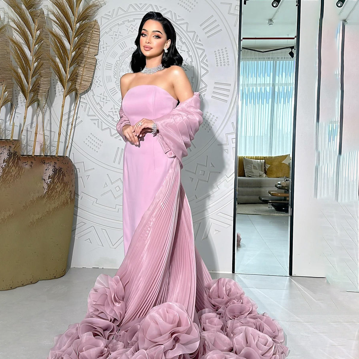 Luxury Strapless Pink Evening Dress with 3D Floral Overskirt SF485