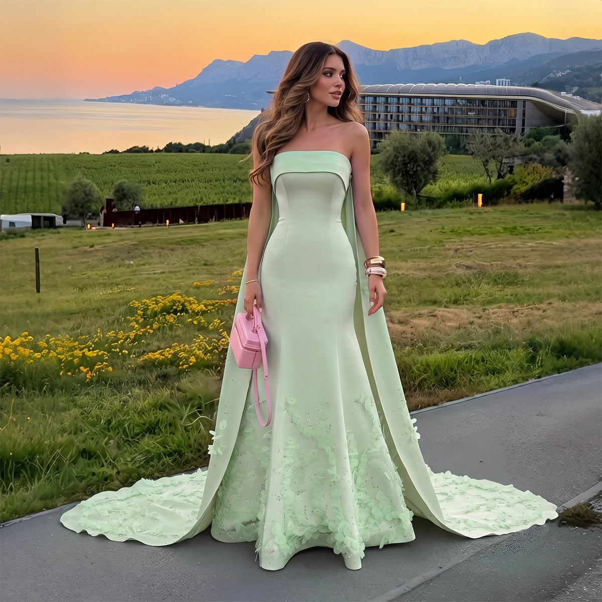 Luxury Crystal 3D Leaves Sage Green Sleeveless Evening Dress with Cape SS449