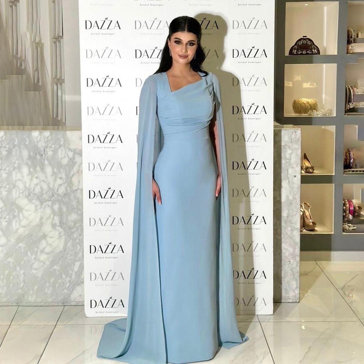 Elegant Blue Chiffon Evening Dress with Cape Sleeve SF037