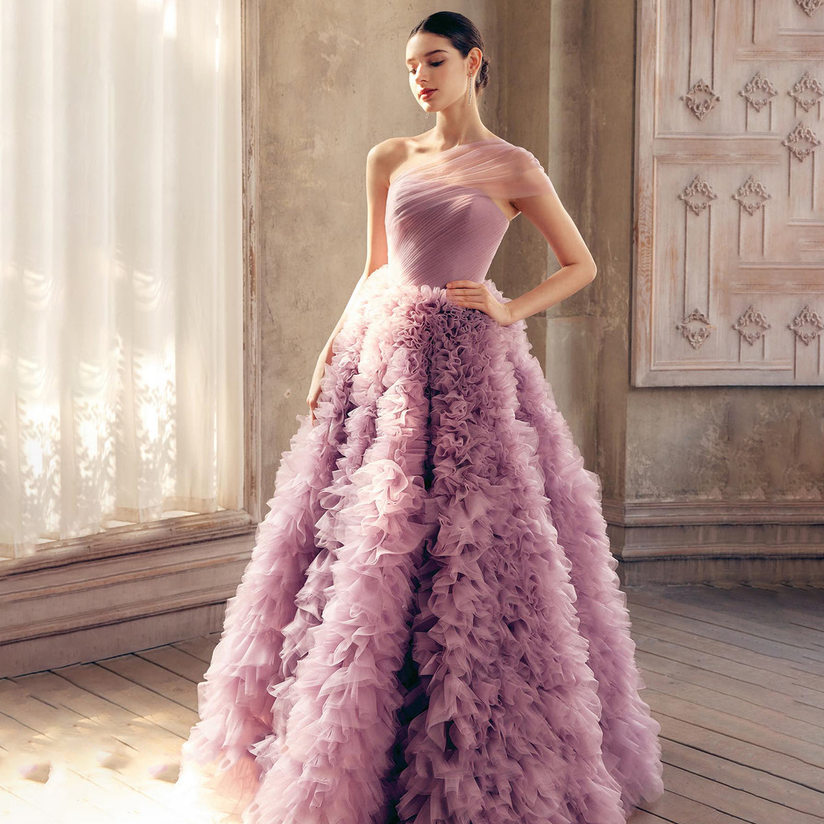 Elegant Dusty Pink One Shoulder A-Line Ruffles Evening Dress SF253