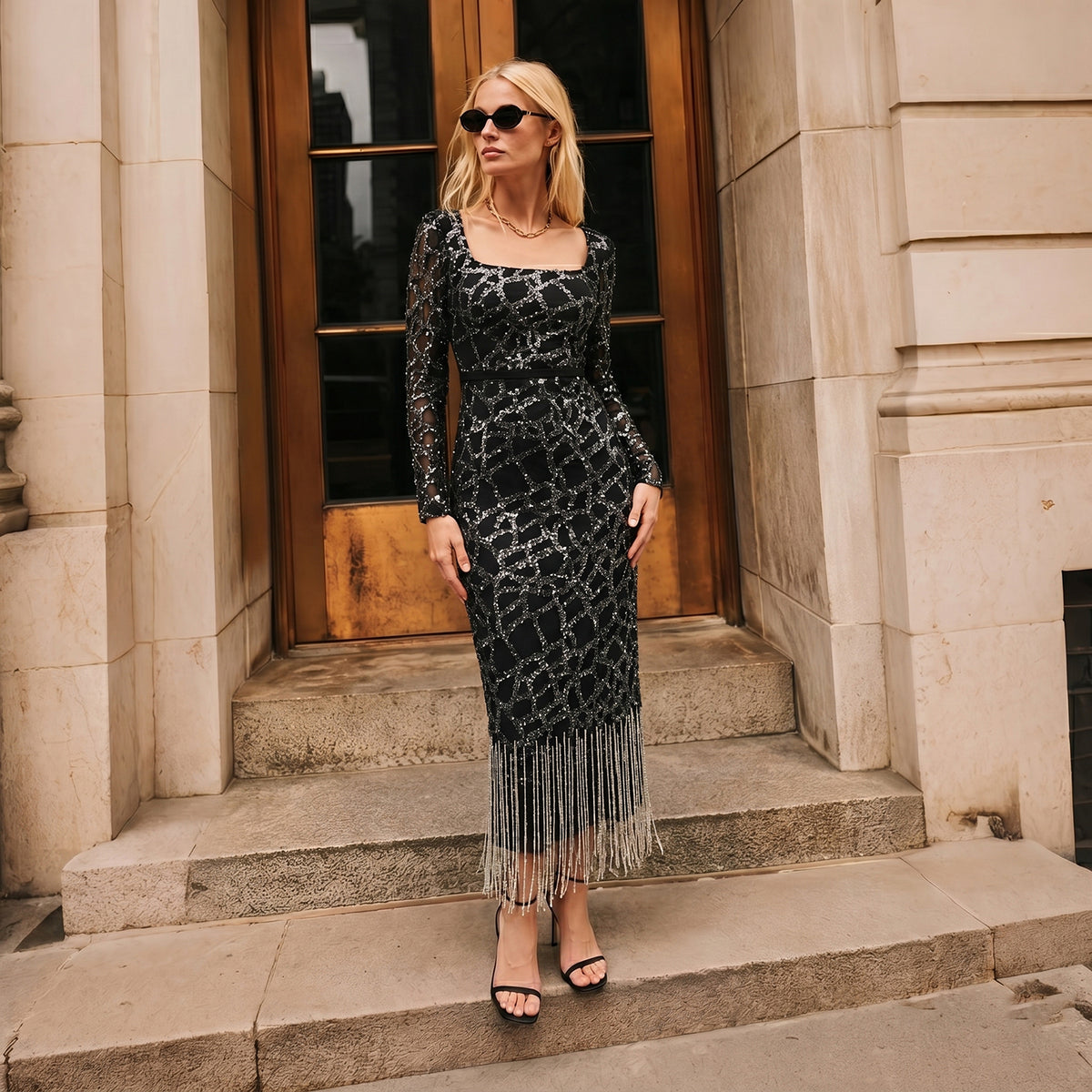 Luxury Tassel  Square Neck Long Sleeves Evening Dress SS347