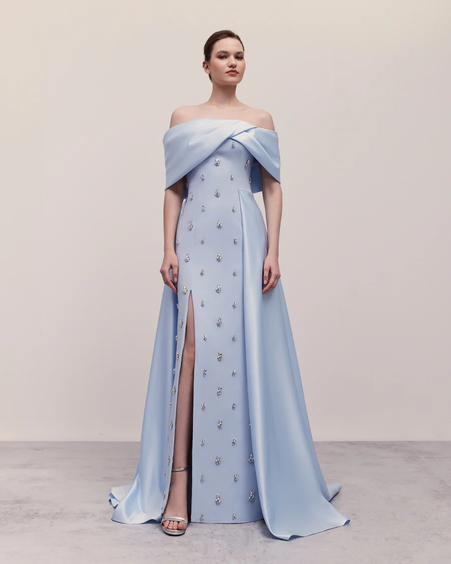 Luxury Beaded Sky Blue Off Shoulder Evening Dress with Slit SF279