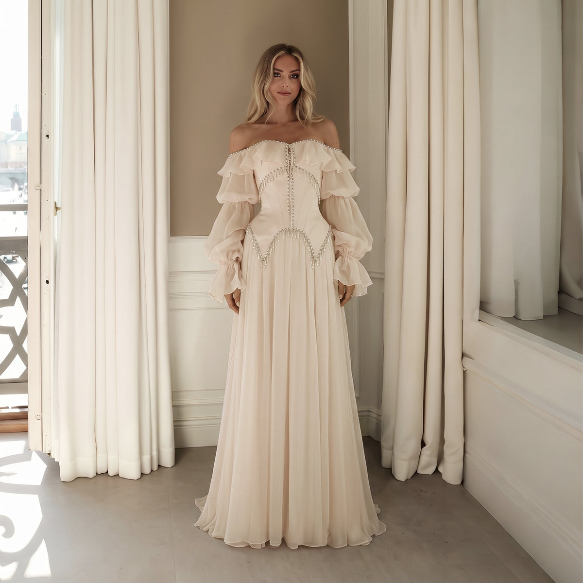 Elegant Pearl Pink Off Shoulder Chiffon Evening Dress SS412