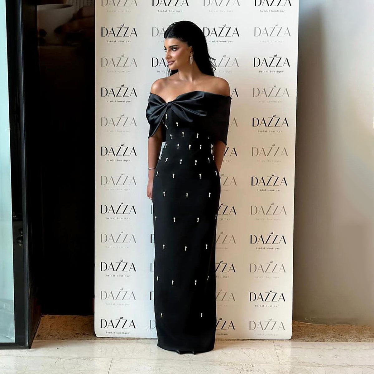 Luxury Beaded Black Satin Long Evening Dress SF035