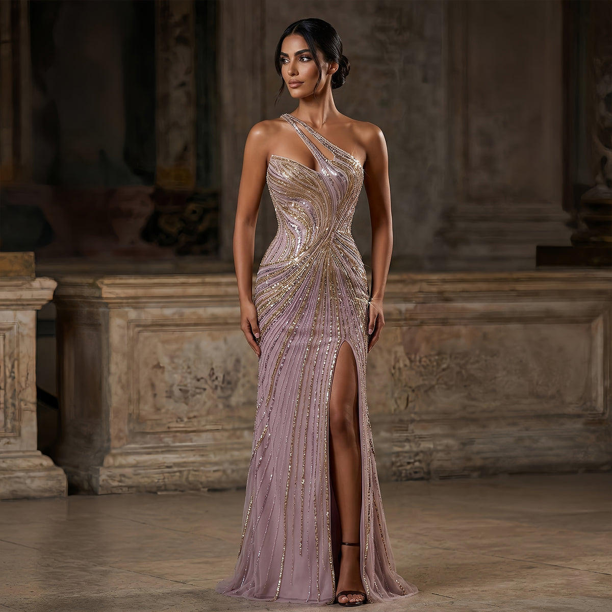 elegant designer evening dresses Luxurious Khaki Sequin Evening Gown with Long Sleeves and V-Neck