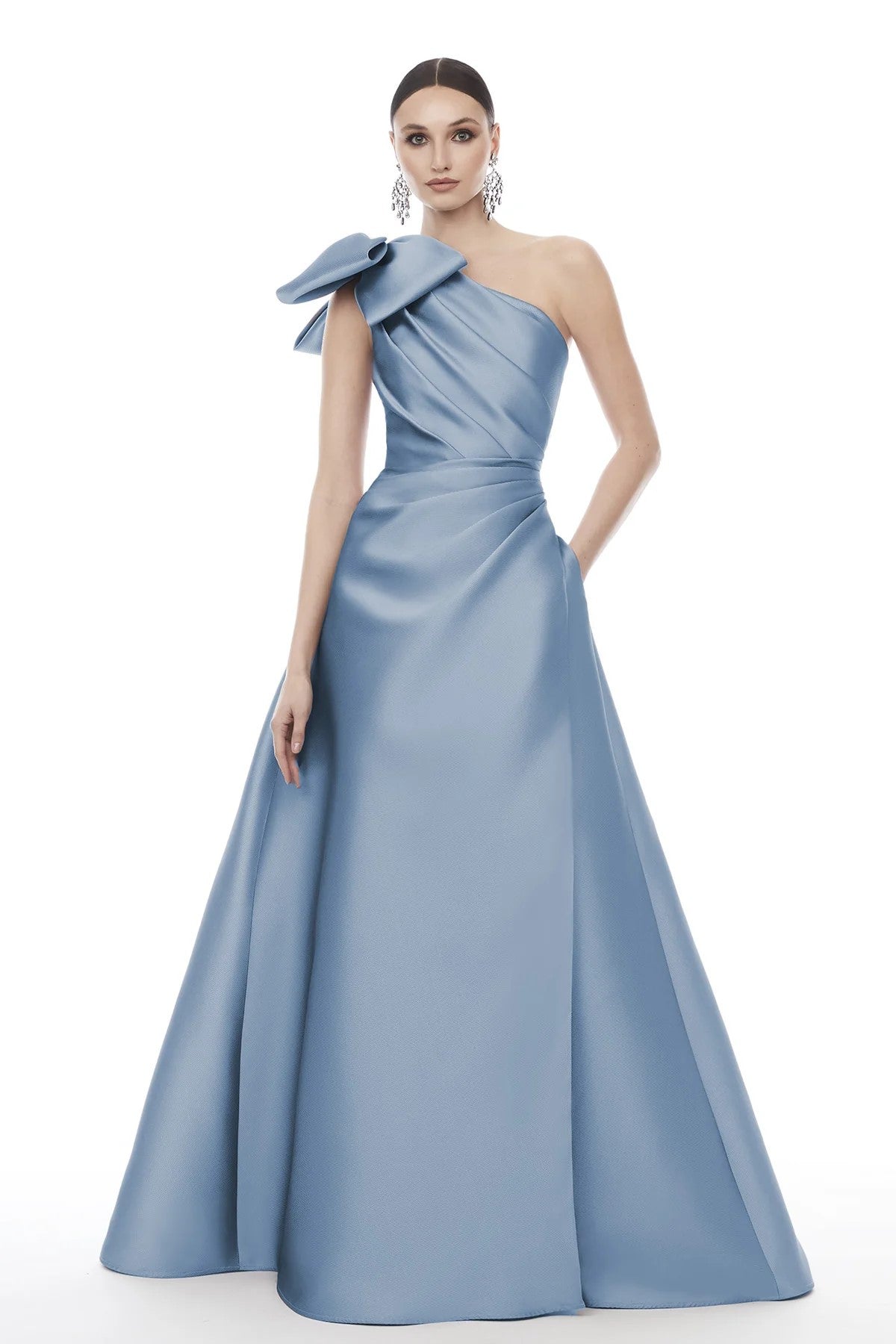 Chic A-Line Blue One Shoulder Bow Evening Dress SF332