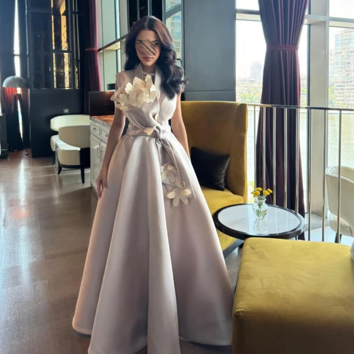 Elegant Lilac A-Line V-Neck Evening Dress with 3D Flower SF559