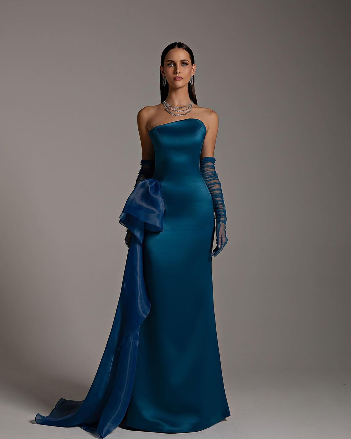 Elegant Strapless Blue Mermaid Evening Dress with Gloves SF276
