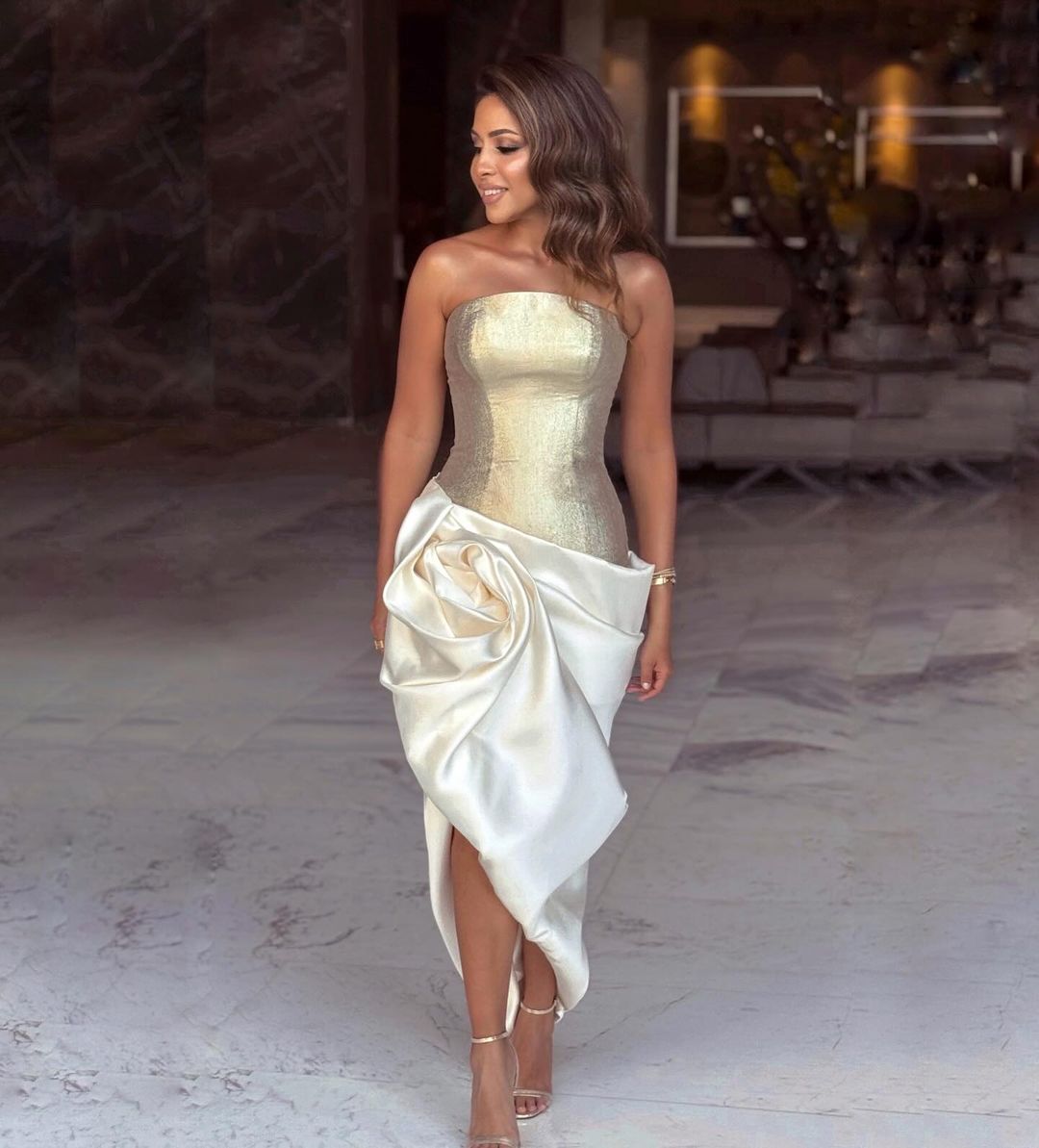 Stunning Strapless Gold Midi Evening Dress with 3D Floral SF416