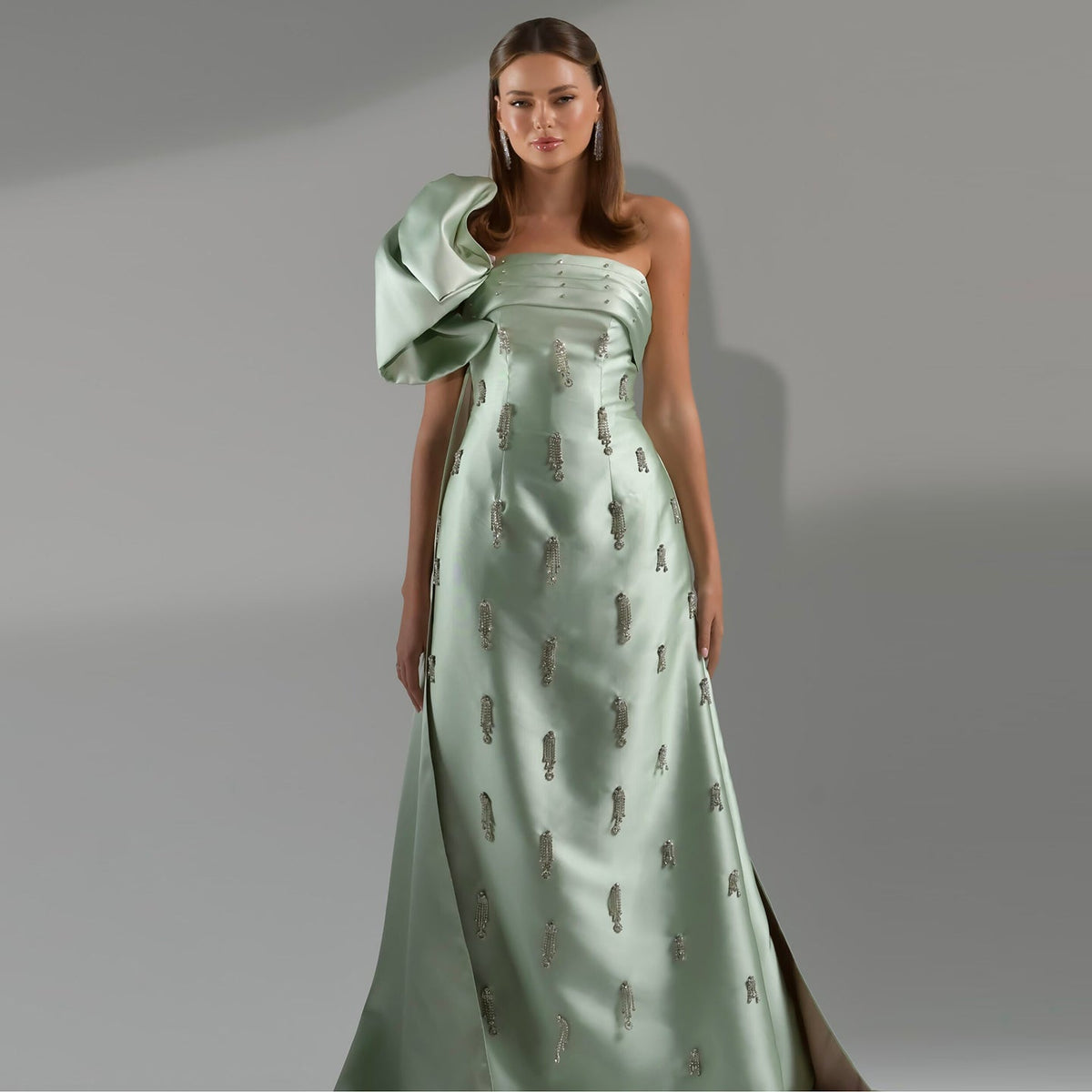 Elegant Crystal Sage Green One Shoulder Evening Dress with Cape SS368
