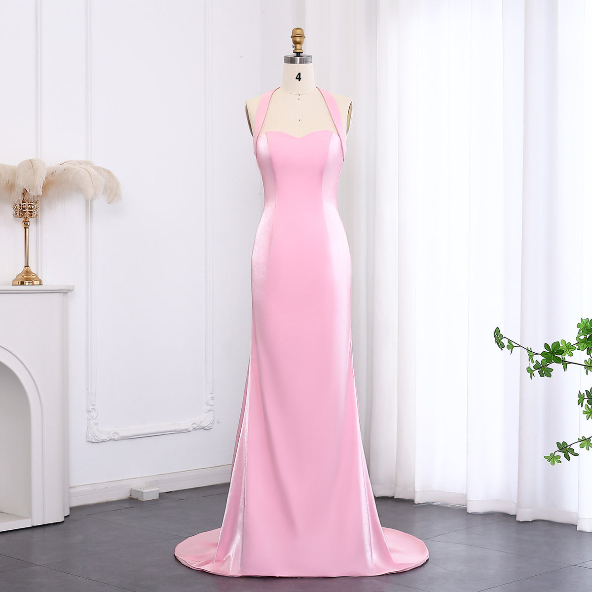 Luxury Halter Pink Mermaid Evening Dress with Train SF109