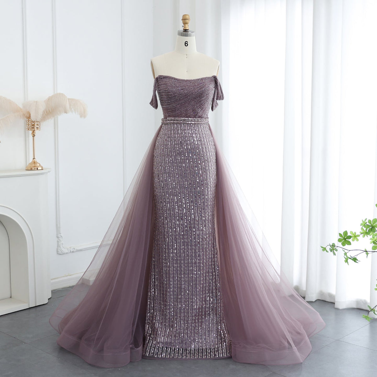 Luxury Beaded Purple Off Shoulder Evening Dress with Overskirt SS137