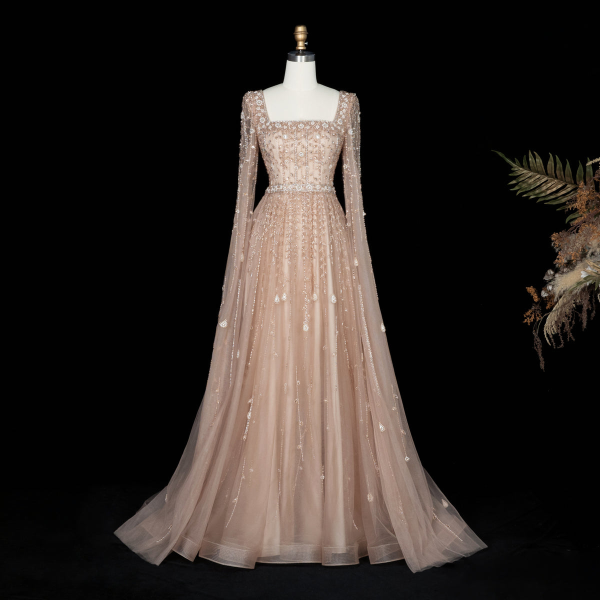 beaded party dress modest cape sleeeve round neck Aleya Drape Cape Sleeve Beaded Dress