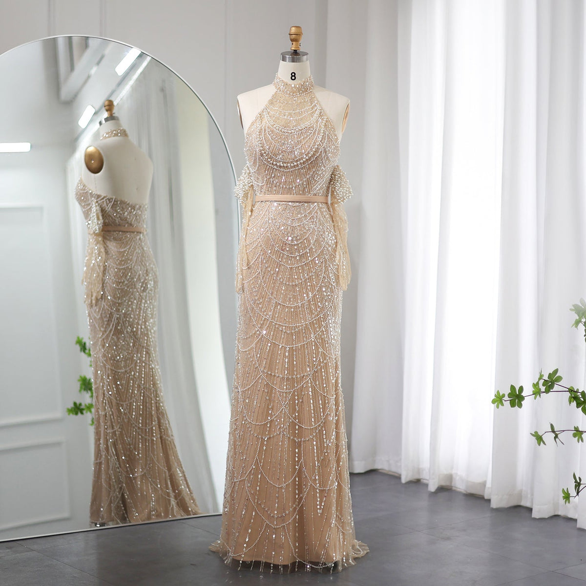 Luxury Nude Halter Mermaid Evening Dresses with Gloves SS289