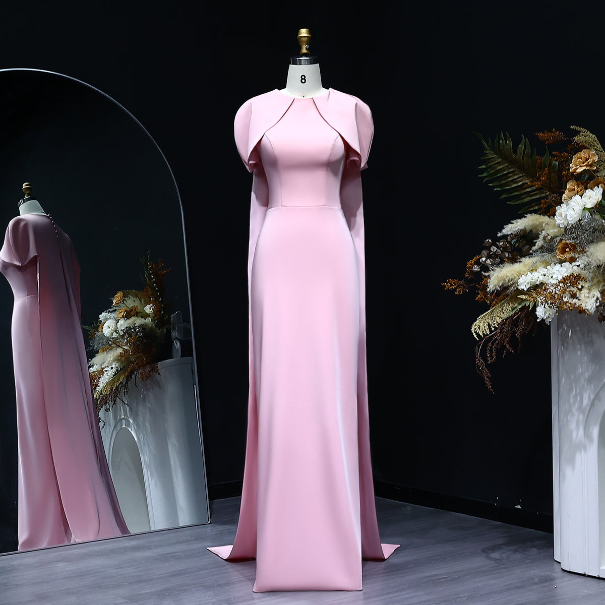 Elegant Pink O-Neck Mermaid Evening Dress with Cape Sleeves SF033