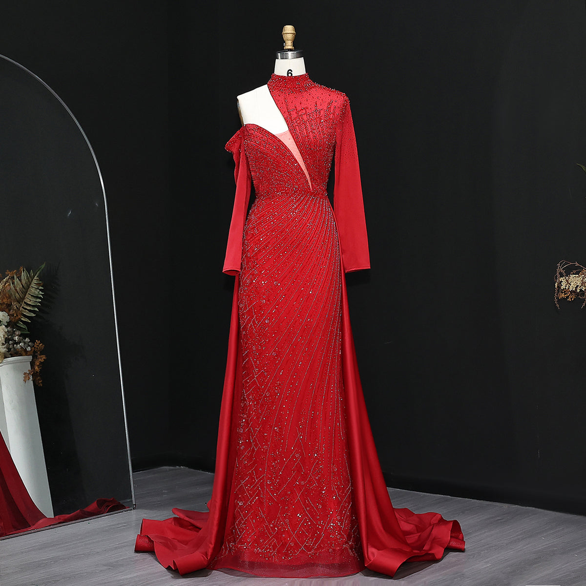Sparkly Beaded Burgundy Long Sleeves Evening Dress with Overskirt SS019