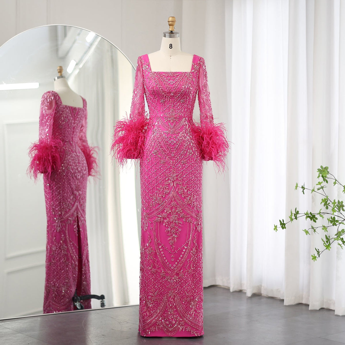 Elegant Fuchsia Feathers Long Sleeves Evening Dresses SS239