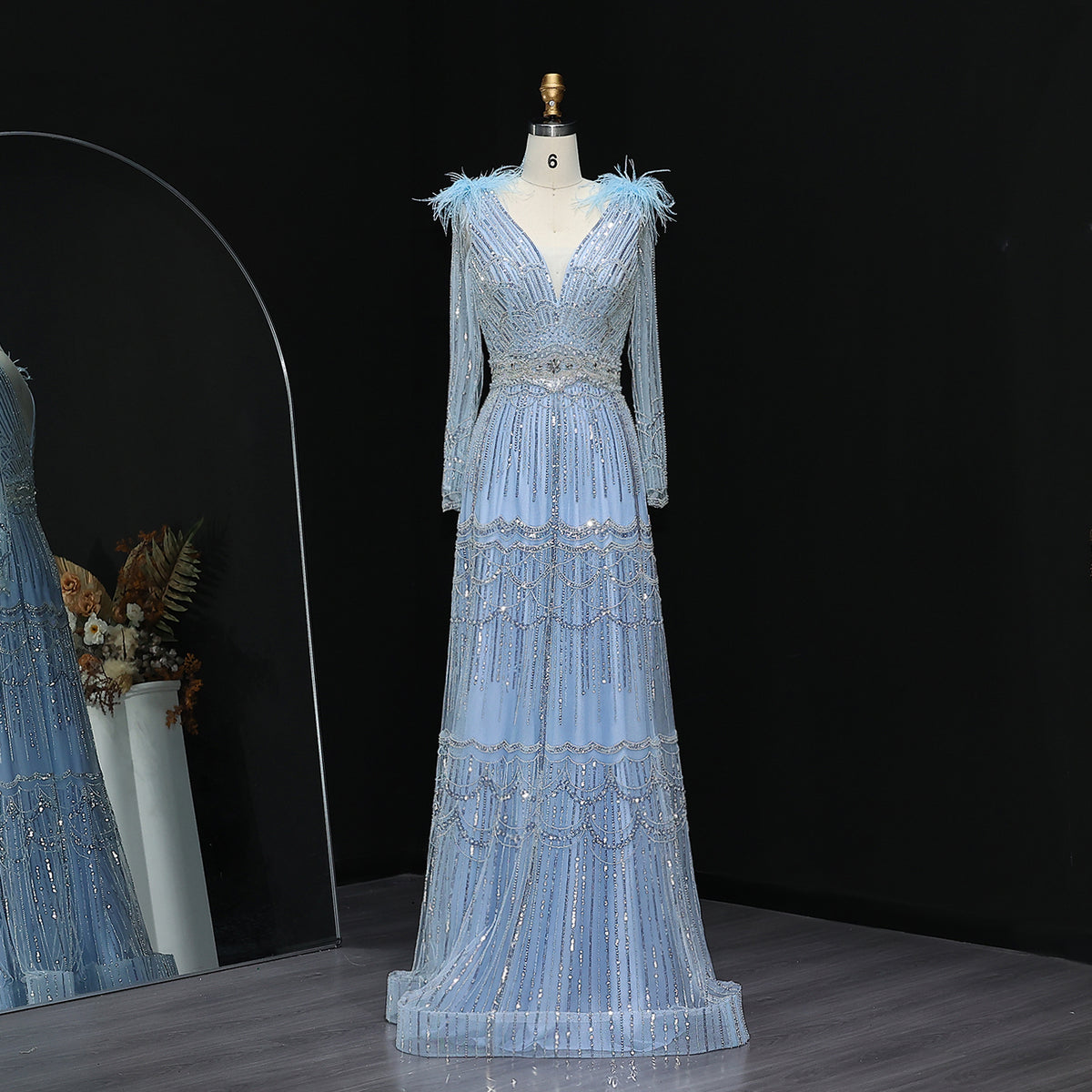 Stunning Crystal Blue Long Sleeves Evening Dress with Feather SS018