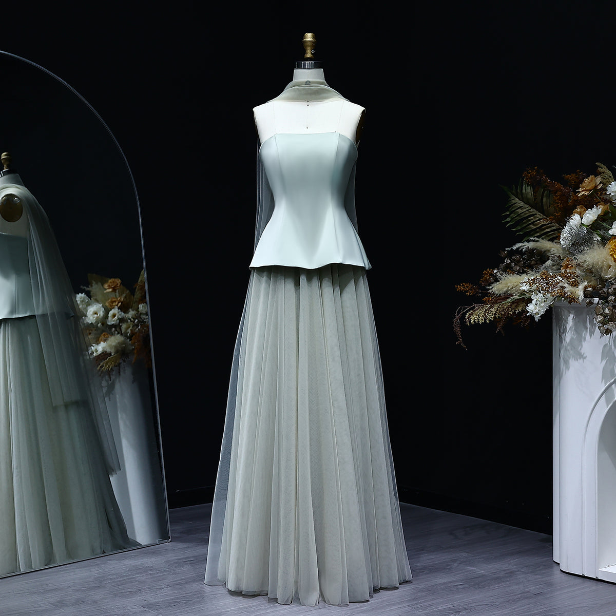 Luxury Sage Green A-Line Evening Dress with Scarf SF130
