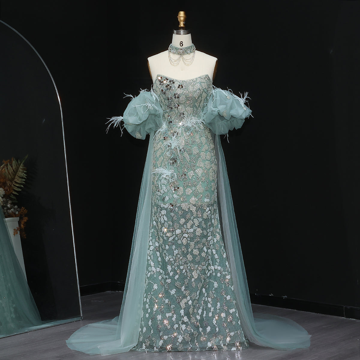 Sparkly Aqua Green Evening Gown with Feathered Cape Sleeves SS519