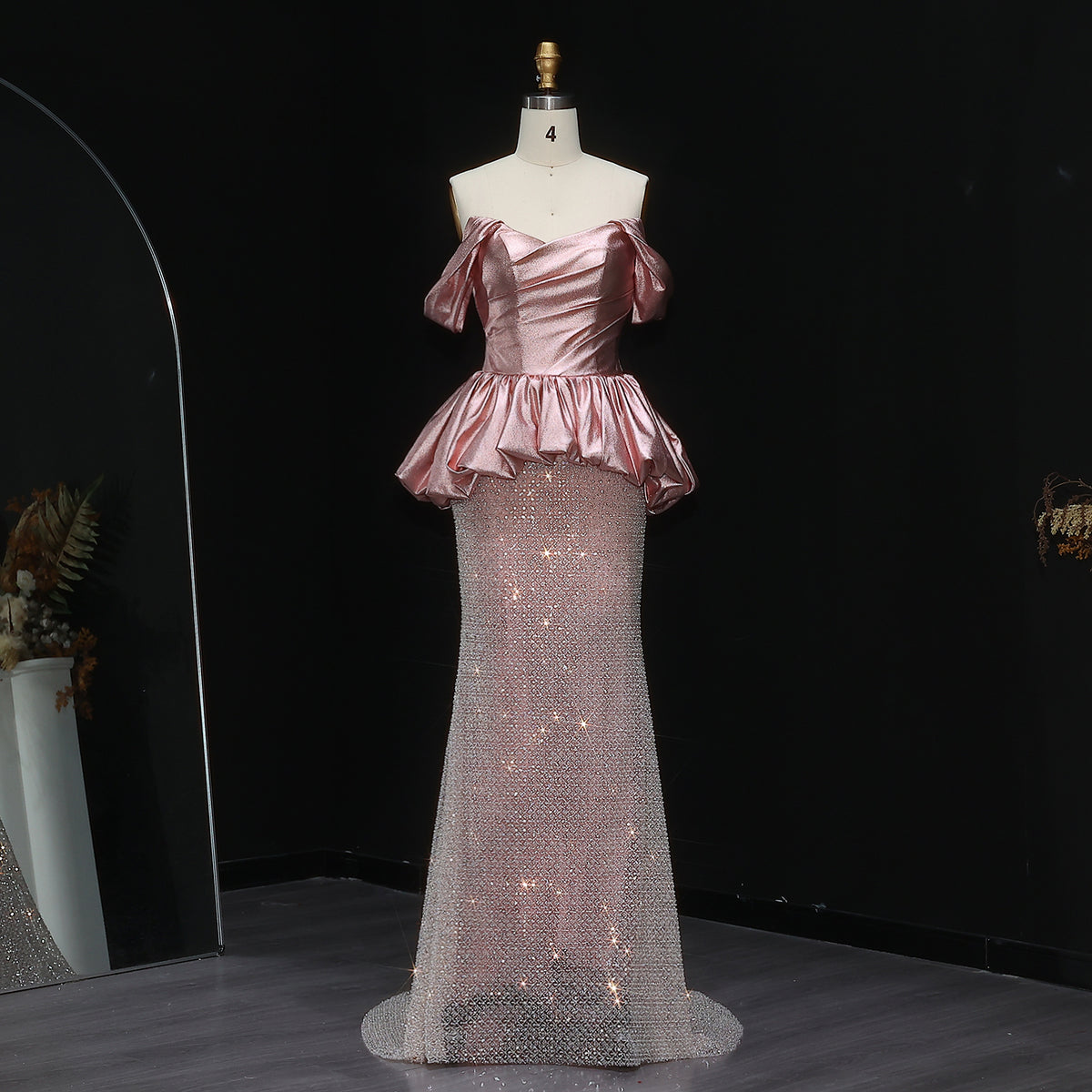 Elegant Off-Shoulder Pink Mermaid Glitter Knit Evening Dress SS722