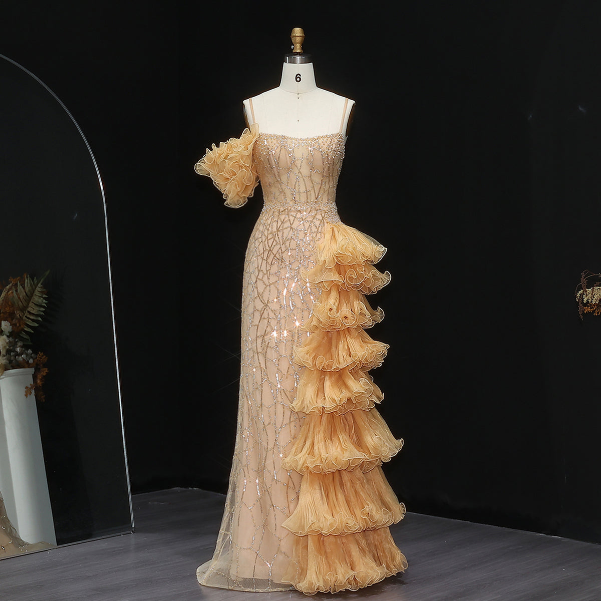 Glamorous Pearls Gold Tiered Ruffles Evening Dress SF046
