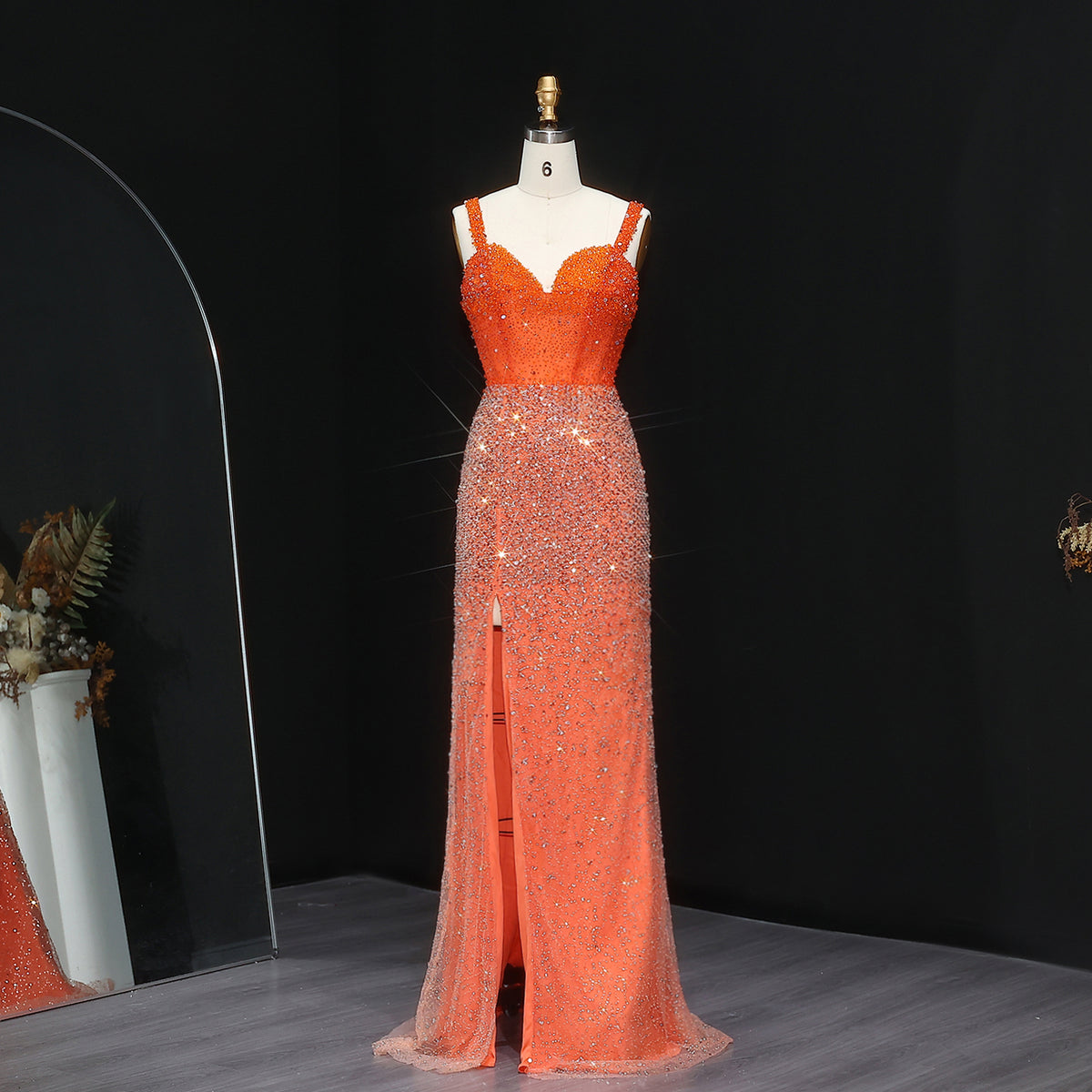 Sparkly Beaded Orange Sweetheart Evening Dress with Slit SS047