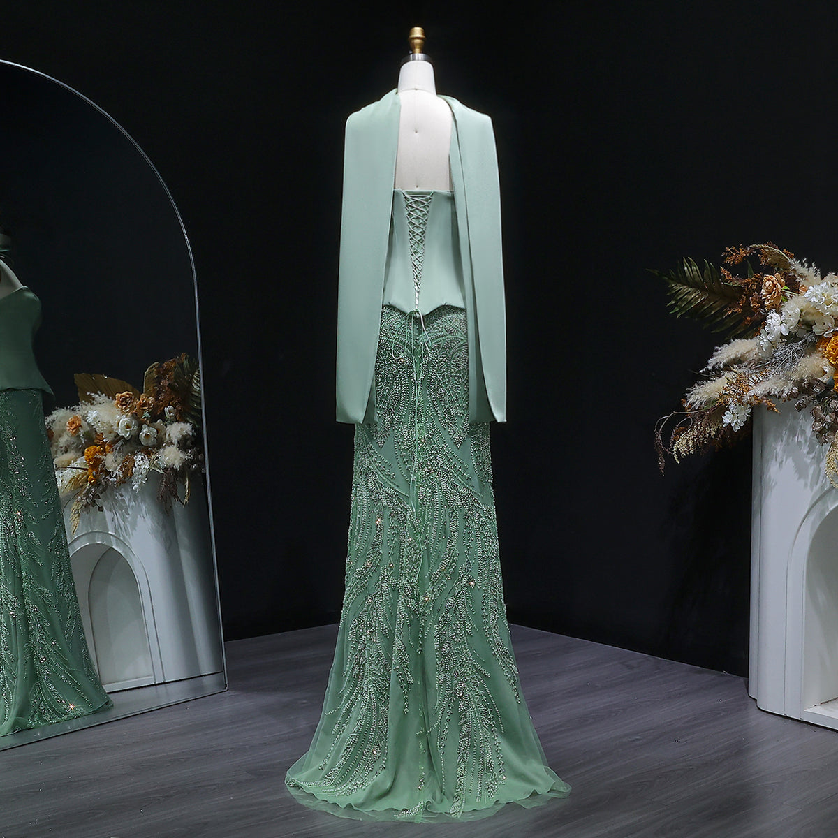 sage green scarf dress Scarf-Detail Strapless Gown in Spring Green - 6