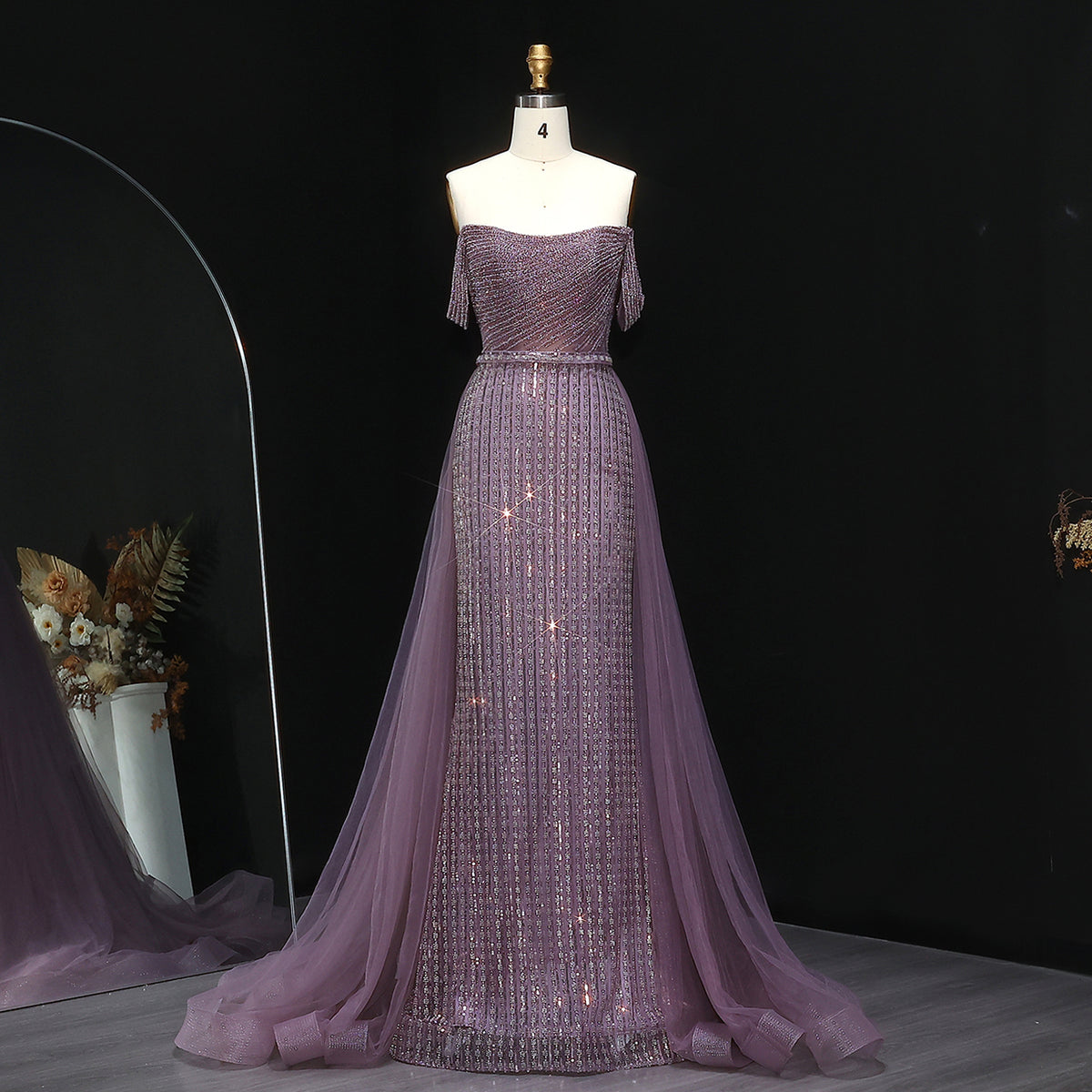 Elegant Beaded Purple Off-Shoulder Evening Dress with Overskirt SS137