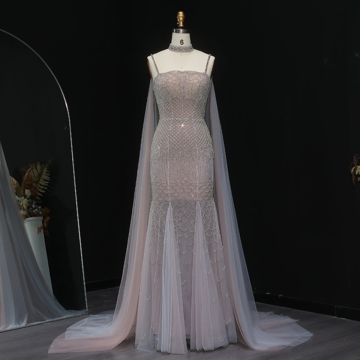 Charming Beaded Pink Mermaid Evening Dress with Cape SS509