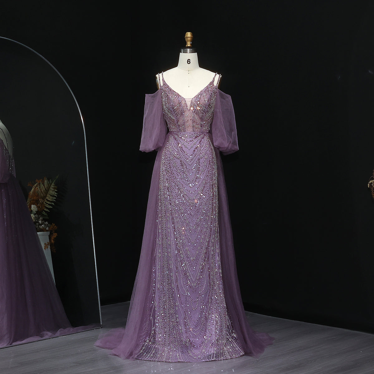 Elegant Beaded Purple Evening Gown with Overskirt SS053
