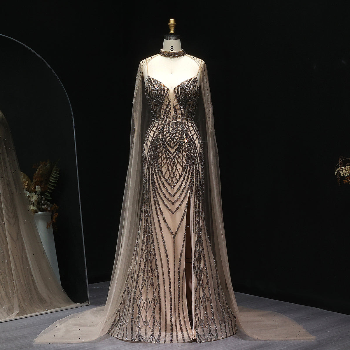 Glamorous Beaded Brown Memaid Evening Gown with Cape SS055