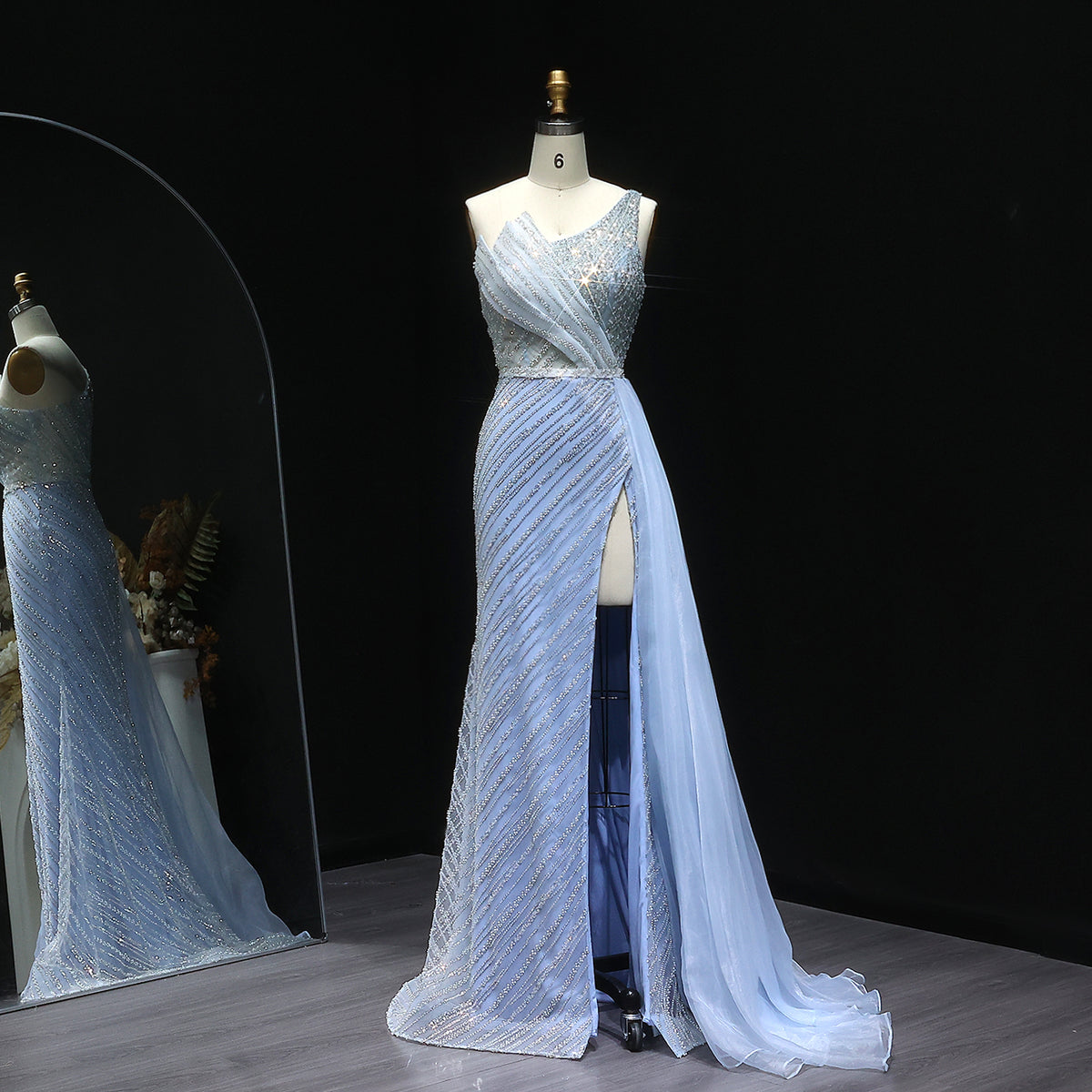 Stunning Light Blue One Shoulder Evening Dress with Slit SS056