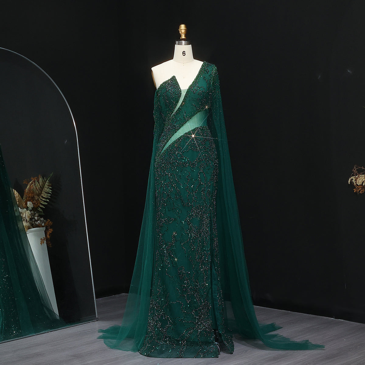 Elegant Beaded Emerald Green Evening Dress with Cape Sleeve SS058
