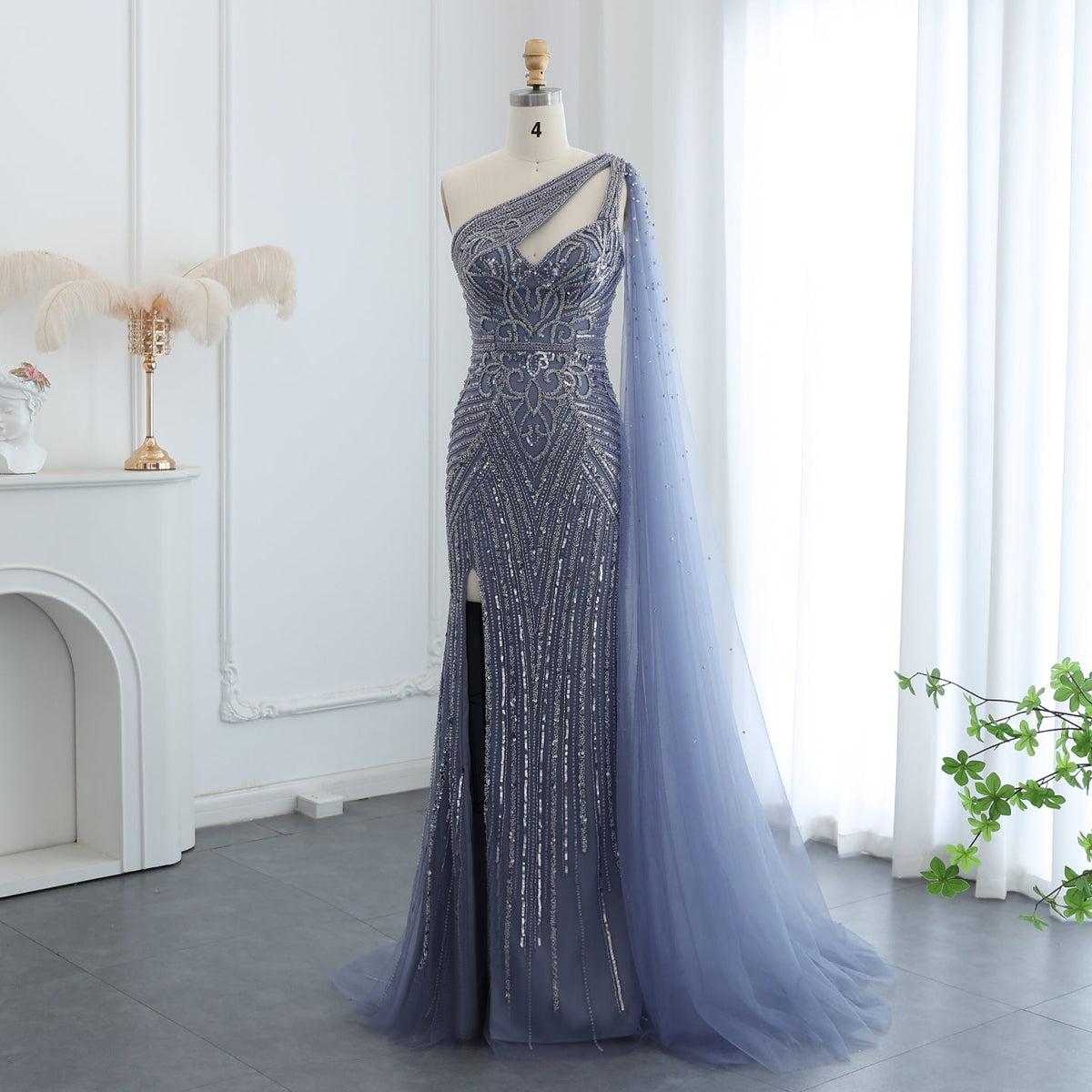 Luxury Beaded Blue One Shoulder Evening Dress with Cape Sleeve SS175