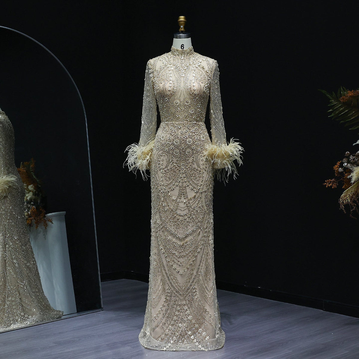 Luxury Feather Gold Long Sleeves High Neck Evening Dress SS079